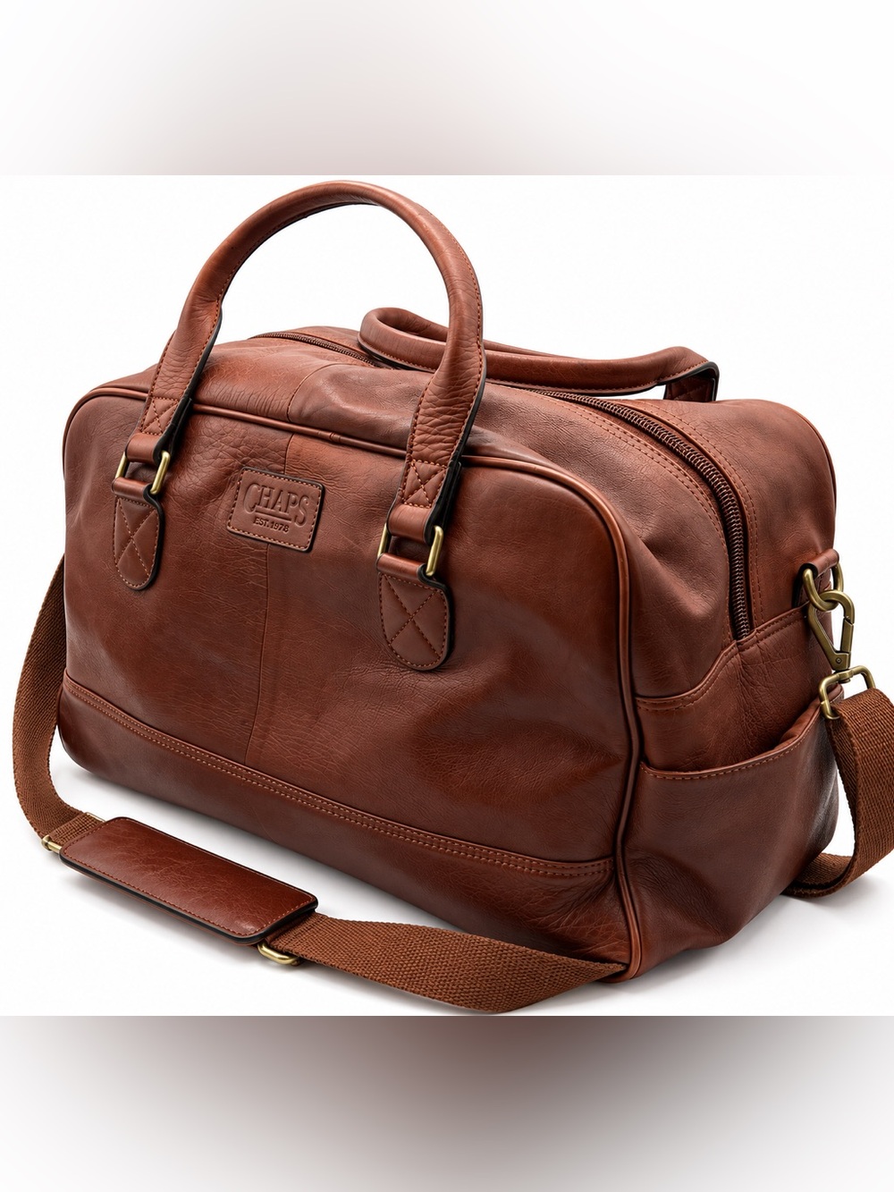 CHAPS Est. 1978 Brown Leather Weekender Duffle Travel Bag
